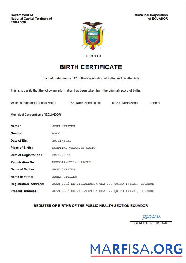 Blank Ecuador vital record birth certificate Word and PDF template